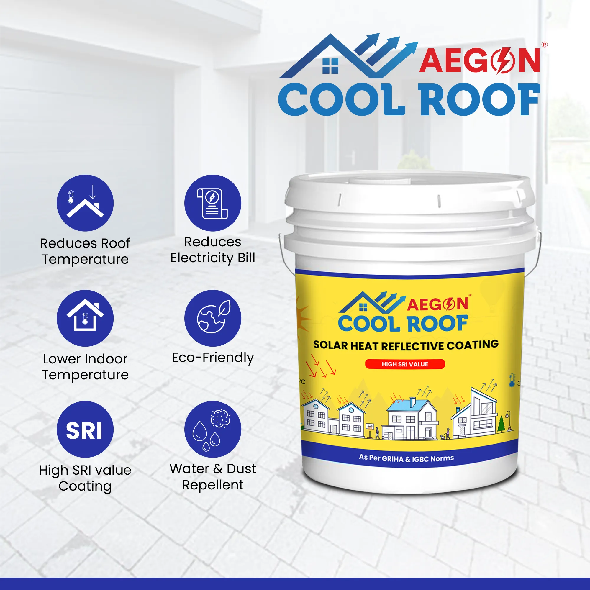 Aegon Cool Roof Coating - High SRI Heat Resistant, Terrace Cooling Paint (10 Ltrs, Covers 300 Sq.ft)