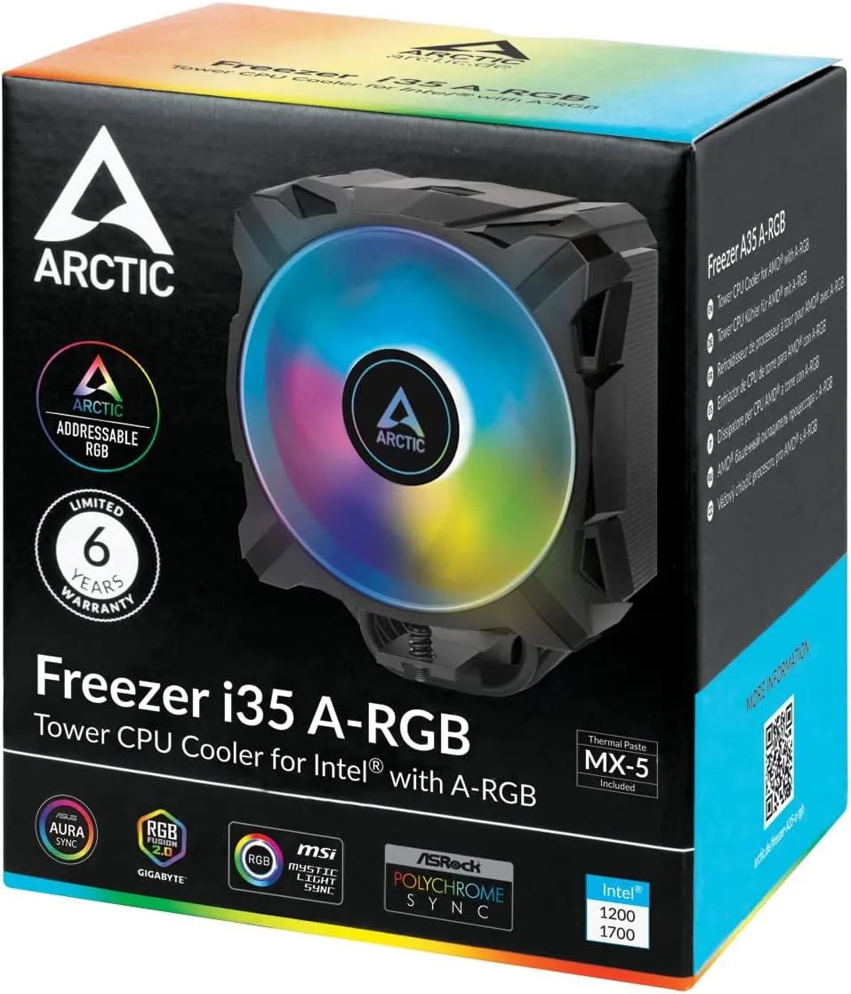 Arctic Freezer i35 A-RGB Heatsink & Fan, Intel 115x, 1200, 1700 Sockets, 12x A-RGB LEDs, Direct Touch Heatpipes, MX-5 Thermal Paste included