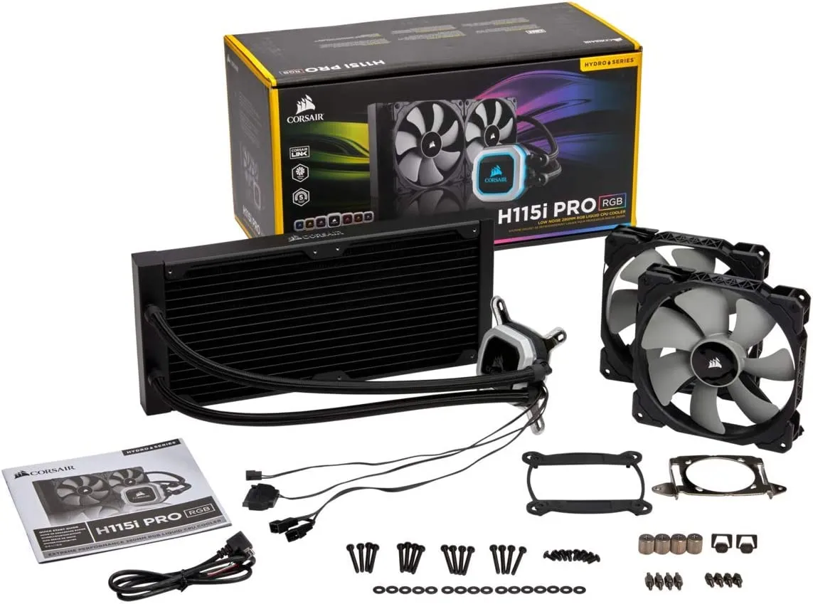 Corsair H115i PRO RGB water cooling, two ML140 fans, advanced software control of RGB lighting and fan speed, zero RPM fan mode, Black