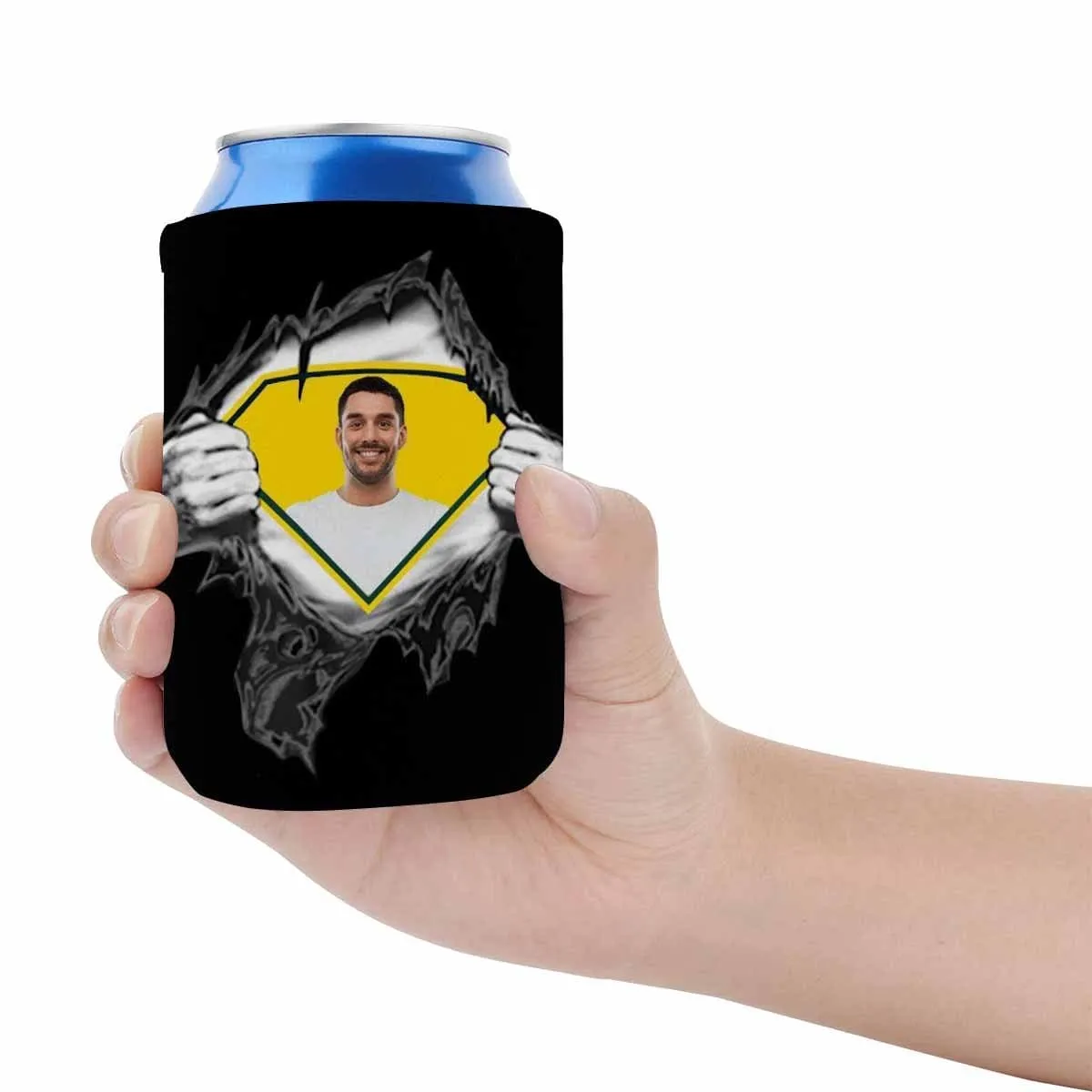 Custom Can Cooler With Boyfriend face Personalized Super Man Black Neoprene Koozies Non Slip for Beer Cans and Bottles