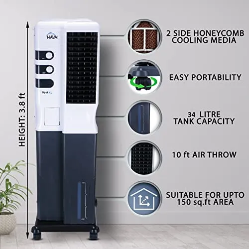 HAVAI Opal XL Tower Air Cooler - 34L, White and Dark Grey