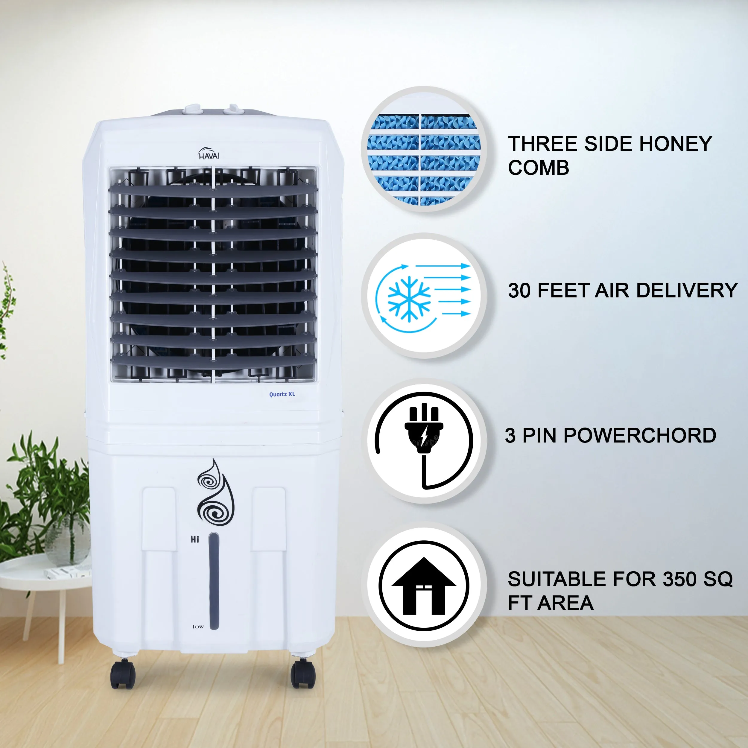 HAVAI Quartz Desert Cooler with Three Side Dense Honeycomb - 100 L, 16 Inch Blade,White