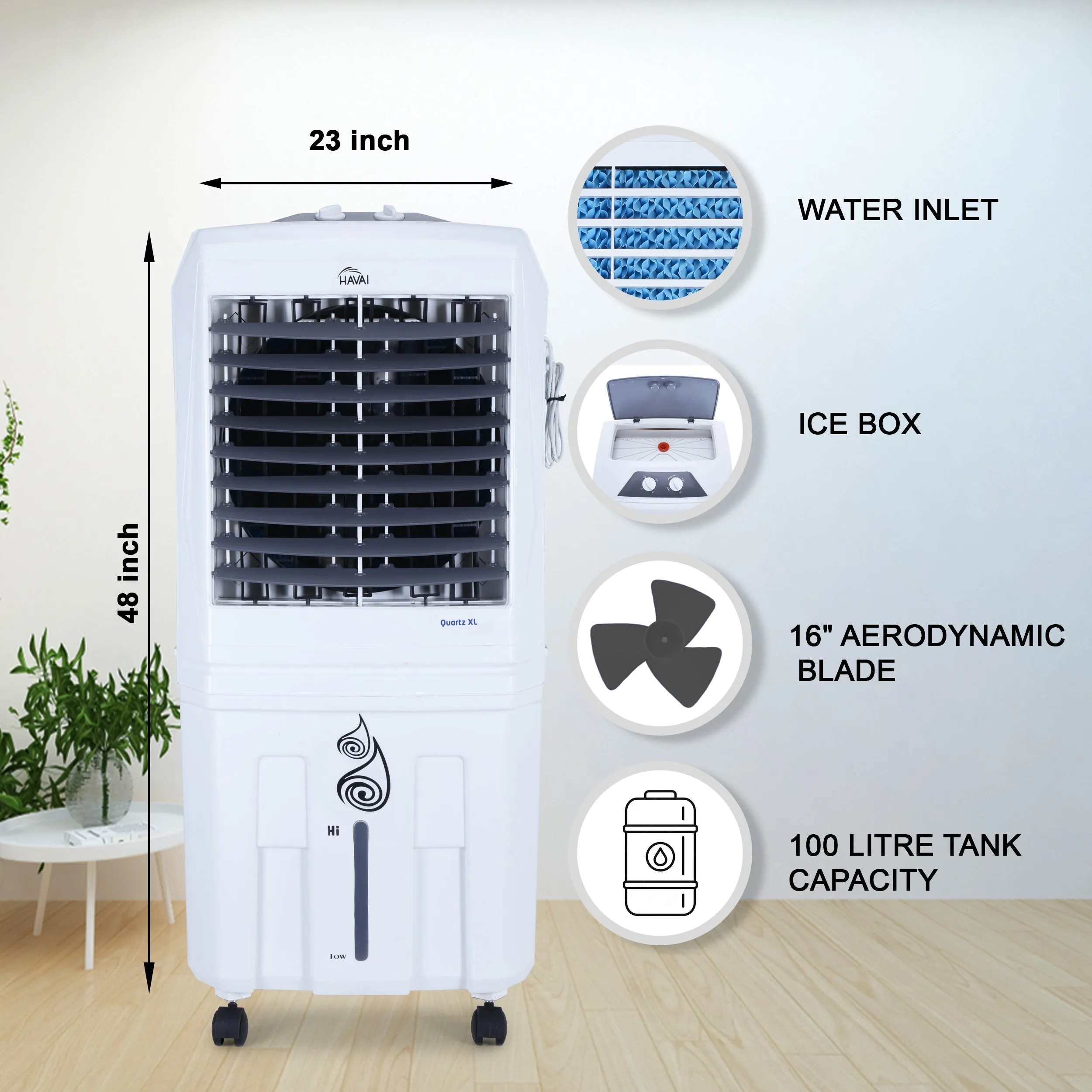 HAVAI Quartz Desert Cooler with Three Side Dense Honeycomb - 100 L, 16 Inch Blade,White